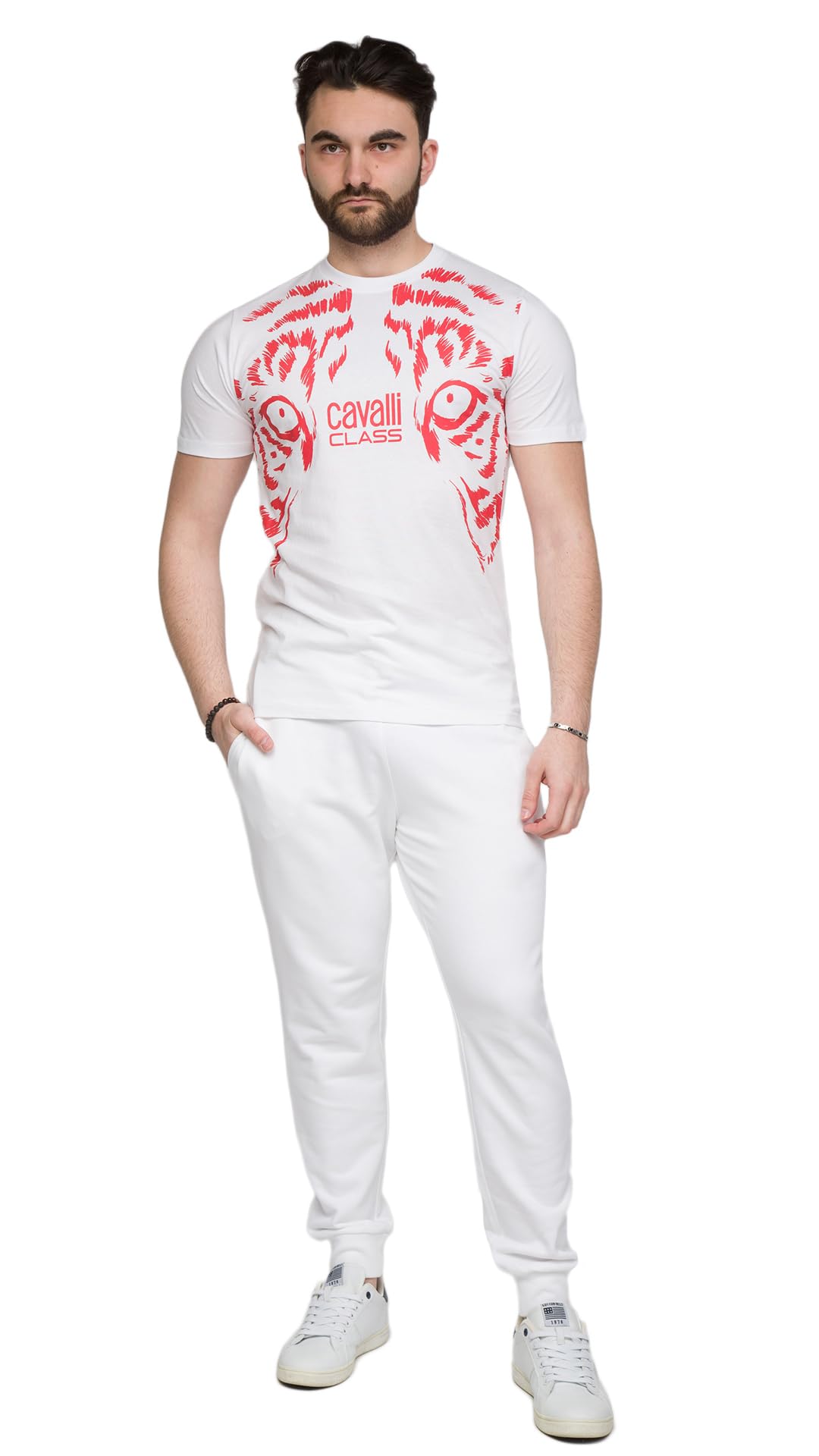 Cavalli Class Modny męski t-shirt z nadrukiem tygrysiego oka