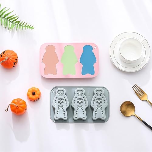 Miniatura 3 de Paquete de 2 moldes de silicona con temática de esqueleto de Halloween, 3 cavidades, huesos de calavera 3D, bandeja de moldes de bricolaje para