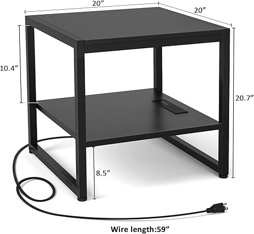 Miniatura 3 de Homieasy Mesa auxiliar con estación de carga mesa auxiliar cuadrada de 20 pulgadas con puertos USB y tomas de corriente mesita de noche negra con