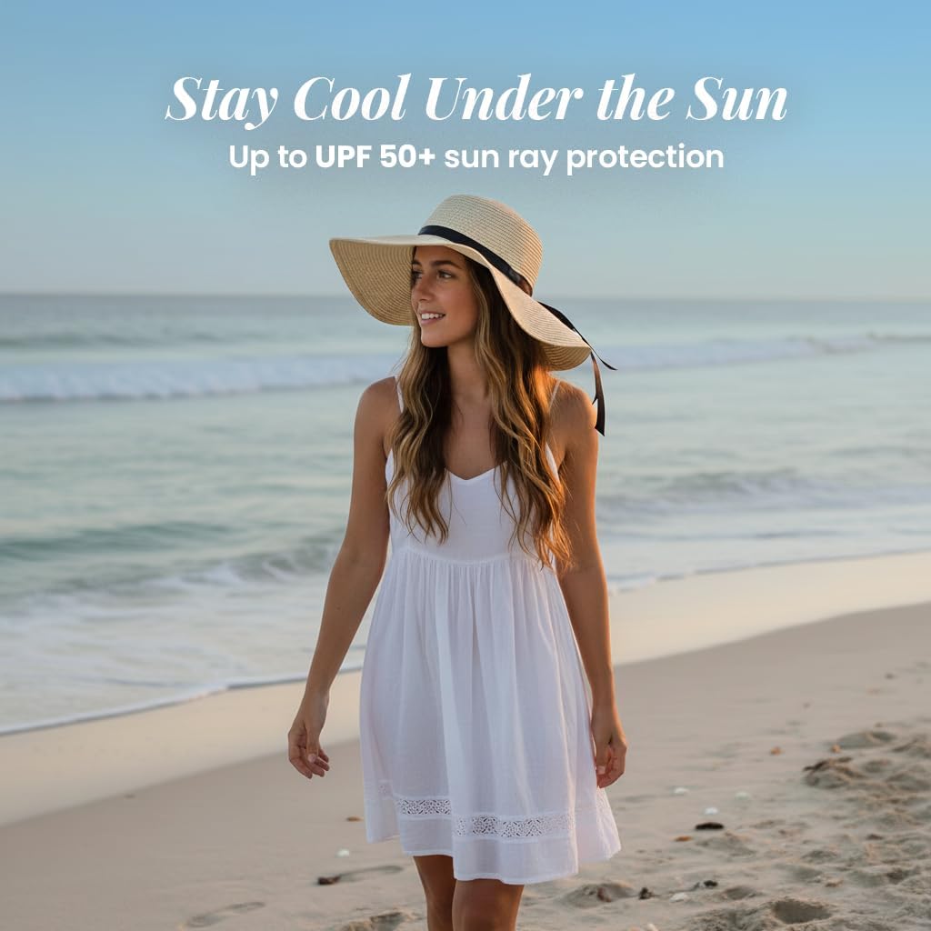 Floppy Hat - Wide Brim Straw Beach Hat for Women with Black Ribbon for Summer Vacation Travel & Sun Protection