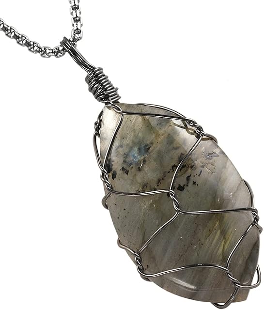 KYEYGWO Wire Wrapped Labradorite Stone Pendant for Women and Men, Healing Crystal Necklace Irregular Stone Chains Fashion Jewelry for Lucky Charms Amulets