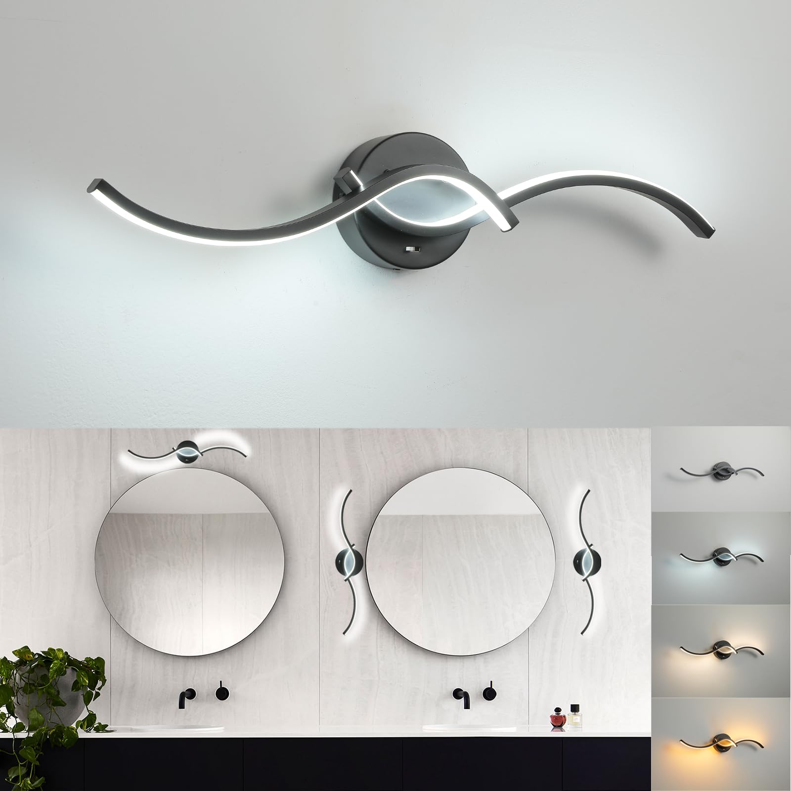 vivihobb Bathroom Lighting Fixtures Over Mirror,Dimmable 24" LED Modern Vanity Light,3 Color Temperatures,14W,Black Wall Sconce