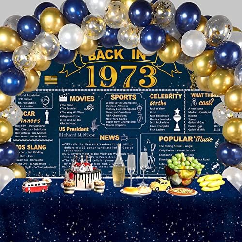 DARUNAXY Blue 50th Birthday Party Decorations, Blue Gold Back in 1973 Banner, 60PCS Confetti Balloons, 2PCS Tablecloths for 50 Years Old Party Vintage 1973 Party Poster Supplies for Men and Women
