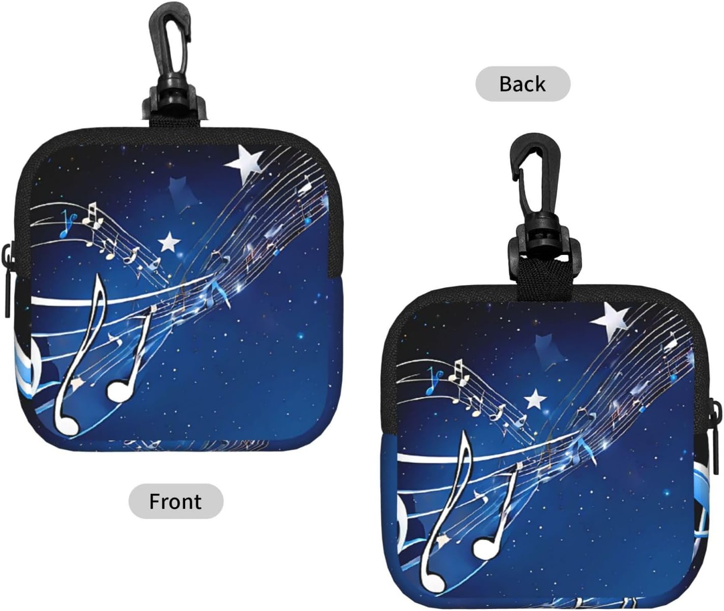 (Blue Music) Square Storage Bag Zipper Coin Purse with Clip image 2