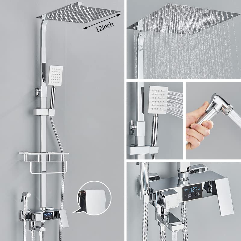 Czarny cyfrowy wyświetlacz termostatyczne baterie prysznicowe opady deszczu prysznic termostatyczny 4-kierunkowy mikser półka towarowa bateria do bidetu prysznic(Chrome Hot Cold 12in)