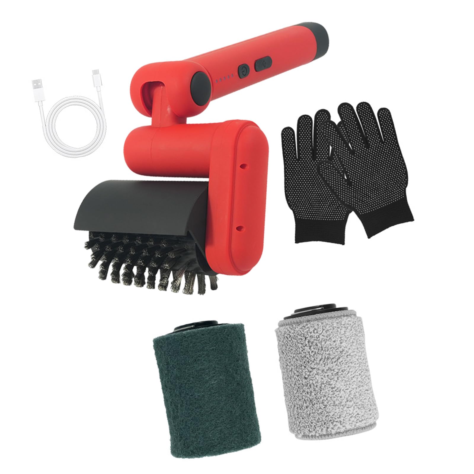 Portable Electric Grill Brush with Rechargeable Handle, Multi Head Scrub Set, USB Cable and Gloves for BBQ Grill Grate and Cooktop Cleanup Powered Scrubber Grate Cleaner Foldable Brush Articulated Usb