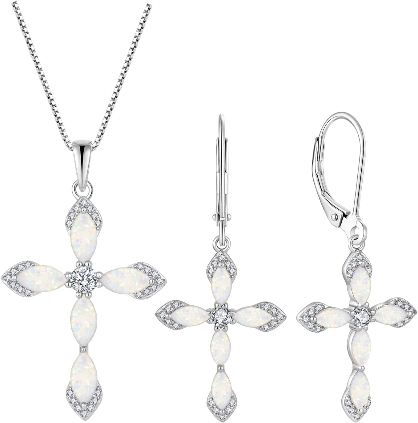 Cross Necklace and Earrings 925 Sterling Silver Opal Jewelry Set Gemstone Crucifix Religious Pendant Dangle Earrings October Birthstone Jewelry for Mom Wife