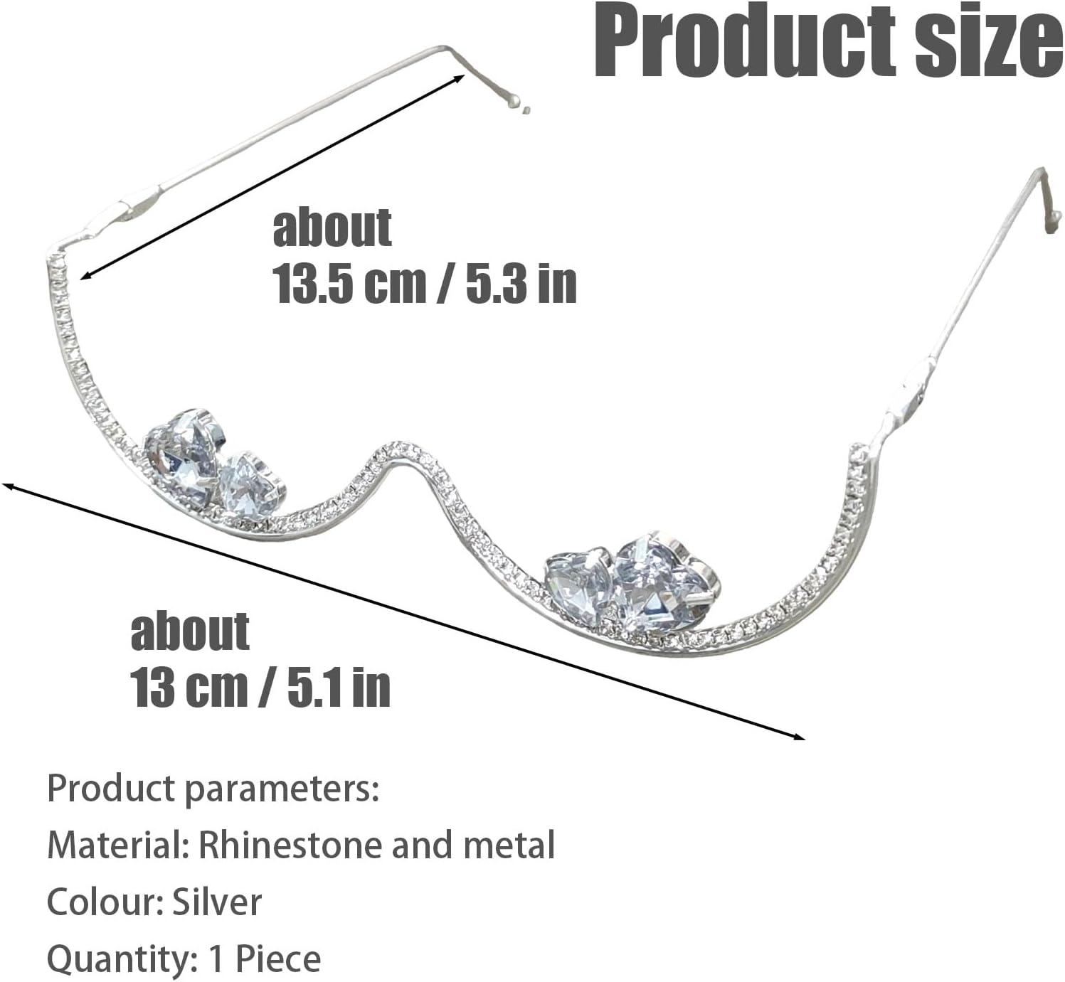 No Lens Rhinestone Glasses Frame,Sparkly Half Enclosure Eye Glasses,Heart Crystal Diamond Decor Metal Eyeglass - Image 2