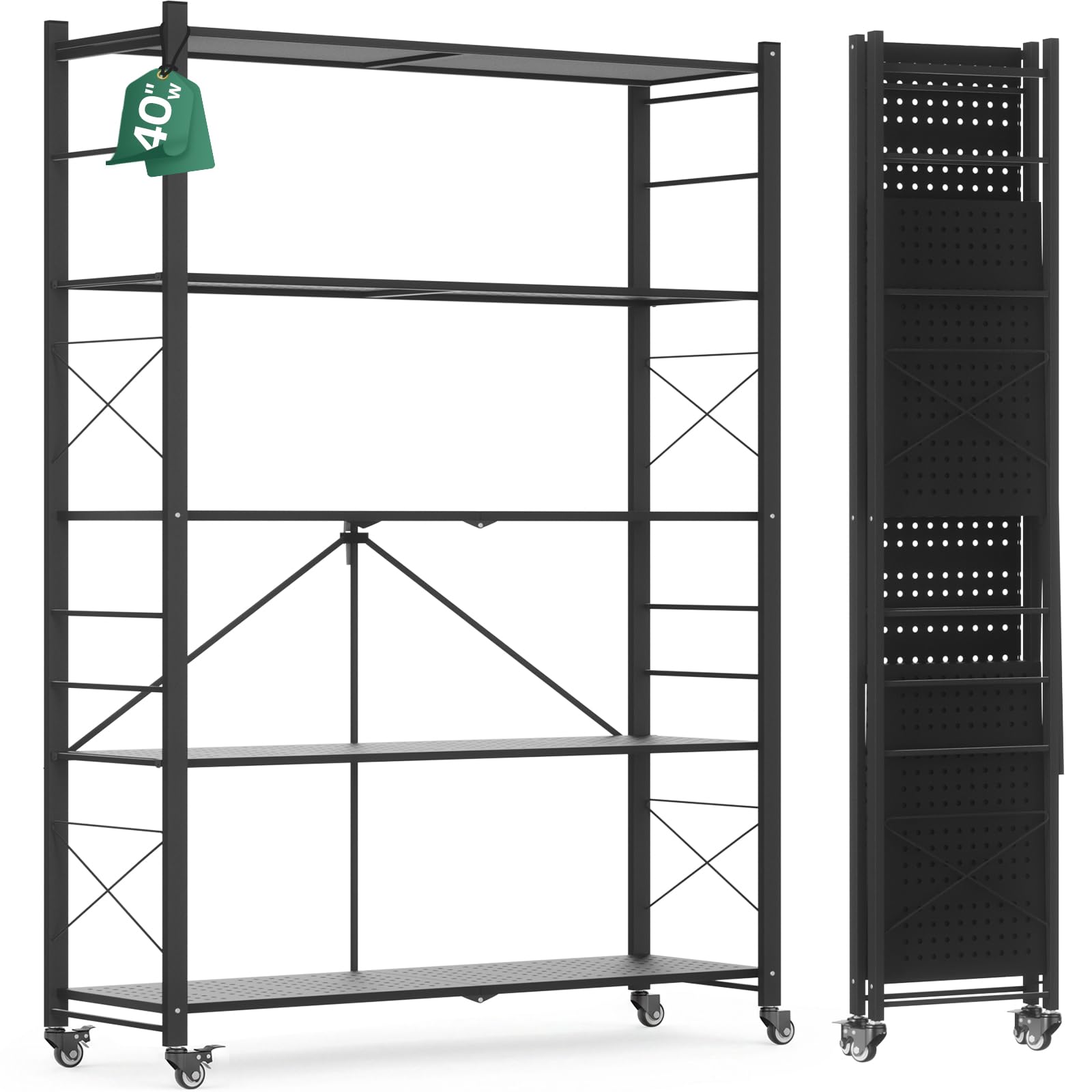 ALANNG Klappregal mit Rädern - Standregal, Bücherregal aus Metall - Montagefrei & Stabil - Für Küche, Wohnzimmer, Keller, Büro