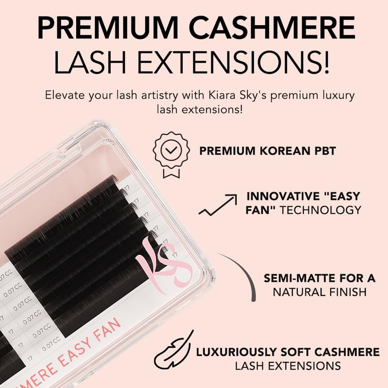KIARA SKY LASH Premium Cashmere Easy Fan Lash Extensions | Soft Semi-matte natural finish | Fans like Butter | For Professional Eyelash Extensions Use Only | Black, (C-0.07-12MM)