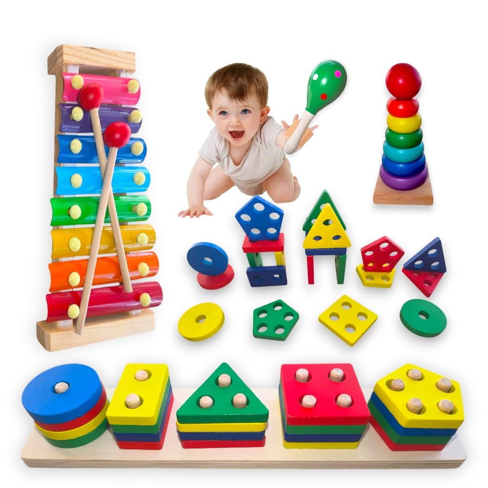 4 en 1 Juguetes Montessori Bebés 6 a 36 Meses, Juego Sensorial Apilable de Madera, Desarrollo Motricidad Fina y Coordinación Mano-Ojo, Regalos Educativos Niños 1 2 3 Años