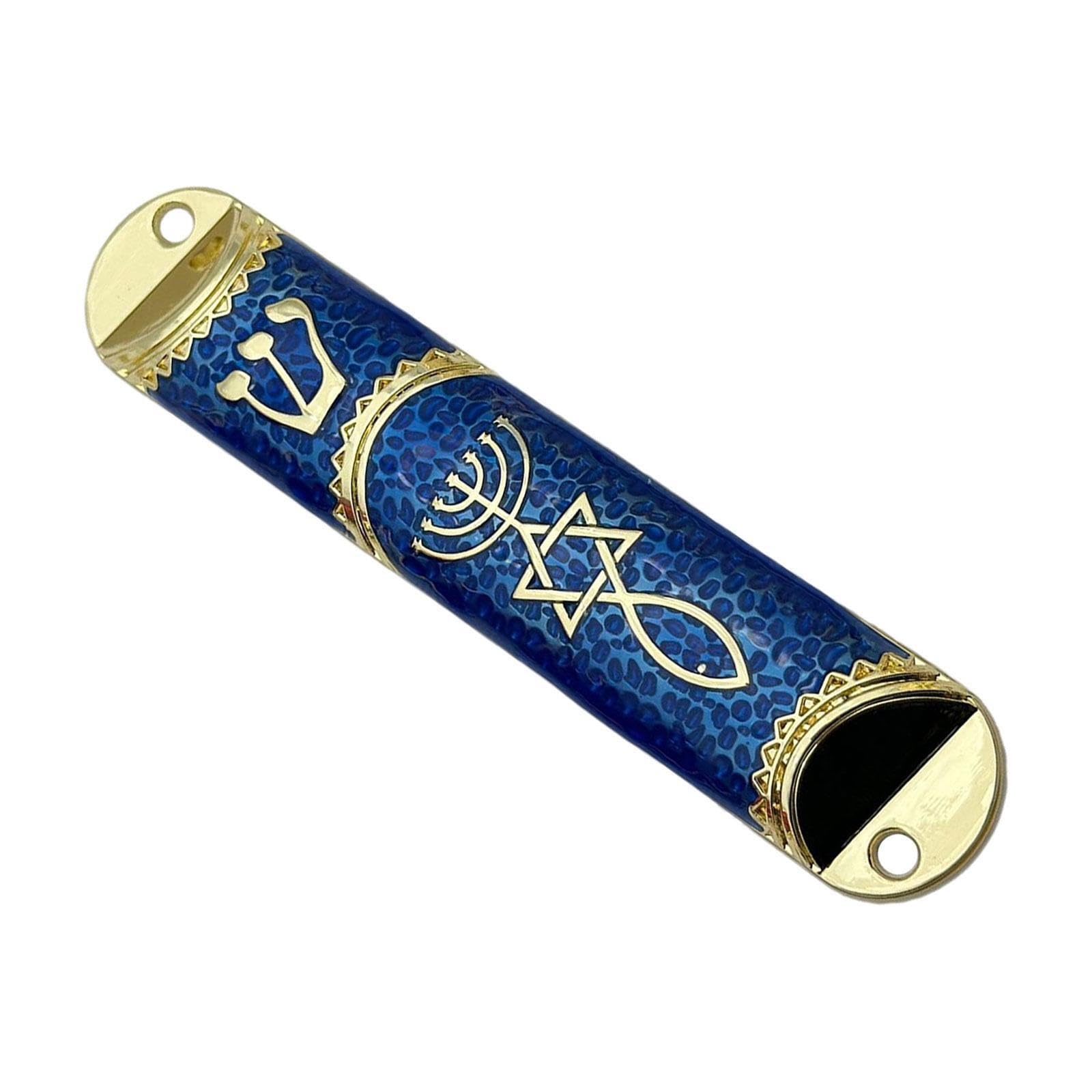 CYDZSRA Exquisite Jewish Mezuzah Case Cover Metal Blessing Handcrafted Ornament Doorway And Decor Jewish Holidays Decor Or Housewarming Gift Mezuzah Case Cover Ornament Home, Blue, Length 10.6cm