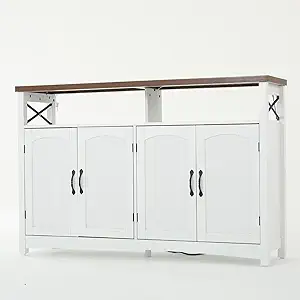 DWVO Farmhouse TV Stand with LED Lights & Power Outlets for 60" TV, Wood Entertainment Center w/Storage Cabinets & Adjustable Shelves, Large Media Console Cabinet for Living Room (Rustic White)