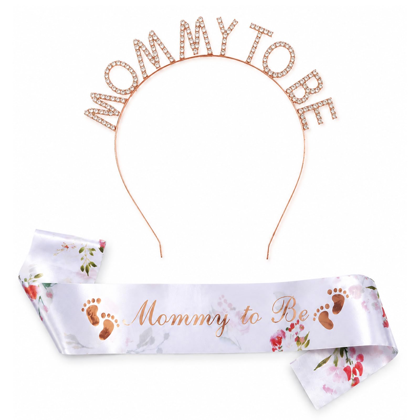 Aurelx Mummy to Be Sash and Rhinestone Tiara Headband Crown, Polyester Baby Shower Sash with Patterns and Text, Baby Shower Party Favours Accessories, Decoration Mummy to Be Gifts