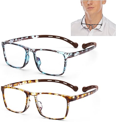 AQWANO Paquete de 2 lentes de lectura para mujeres y hombres, para colgar en el cuello, computadora, bloque de luz azul, duraderos, flexibles, TR90,