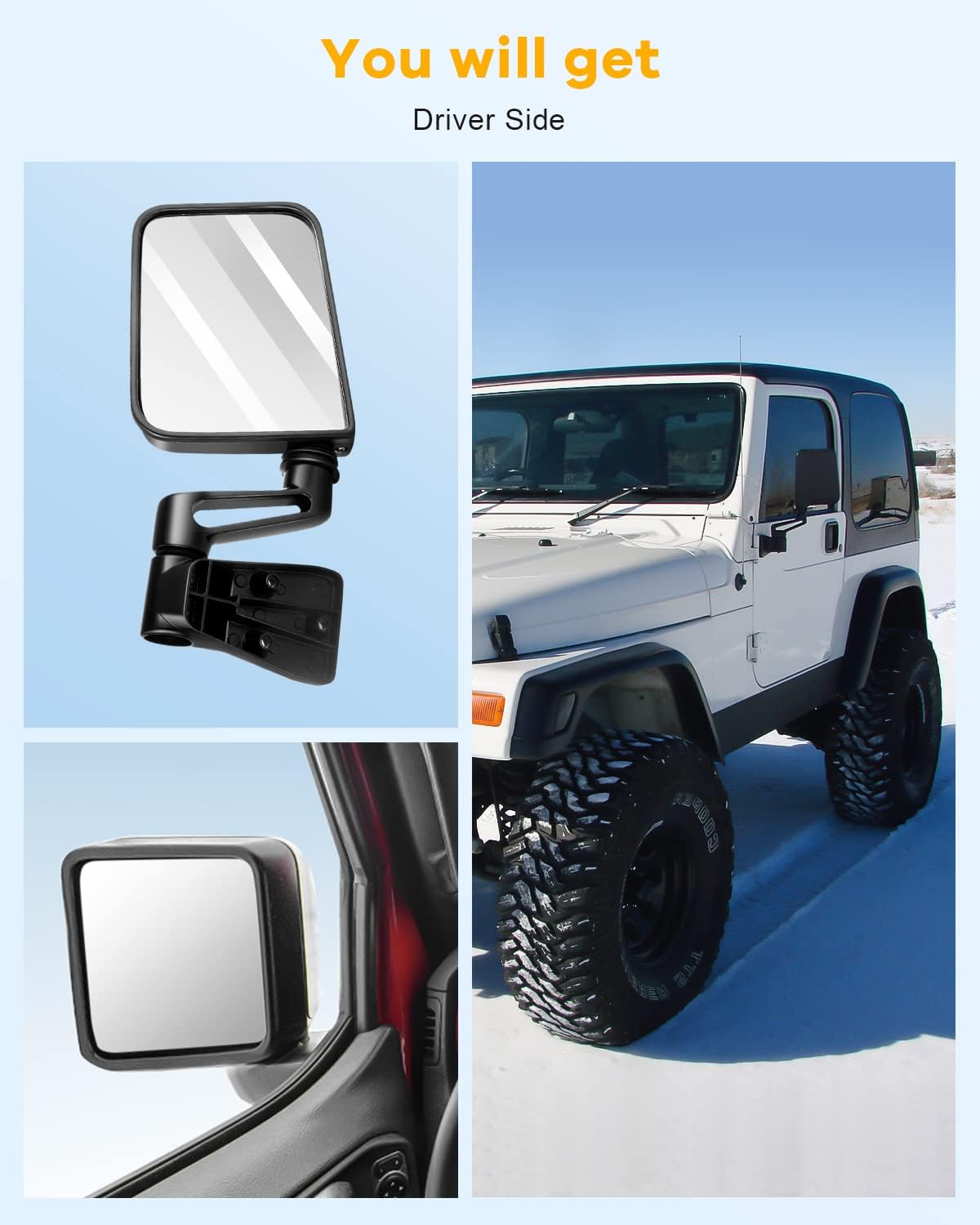 Driver Side View Mirror Fit 1995 1997-2002 For Jeep Wrangler 1987-94 Models with Half Door, Manual Operated Manual Fold Door Mirror CH1320102