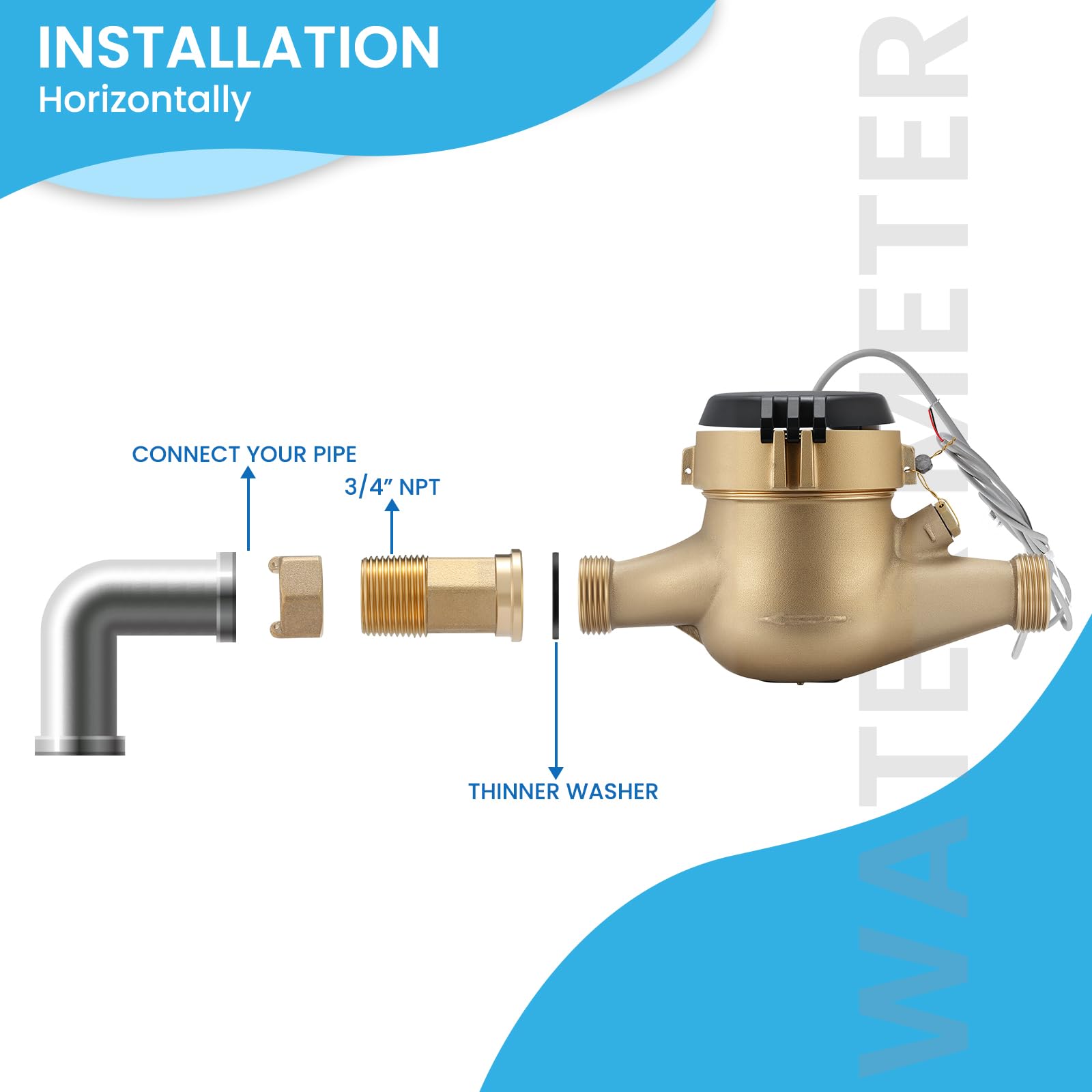 MEASUREMAN Compteur d'eau pulsé multi-jet de 1,9 cm, construction en laiton durable, haute précision pour systèmes d'eau froide, compatible avec les solutions de surveillance industrielles
