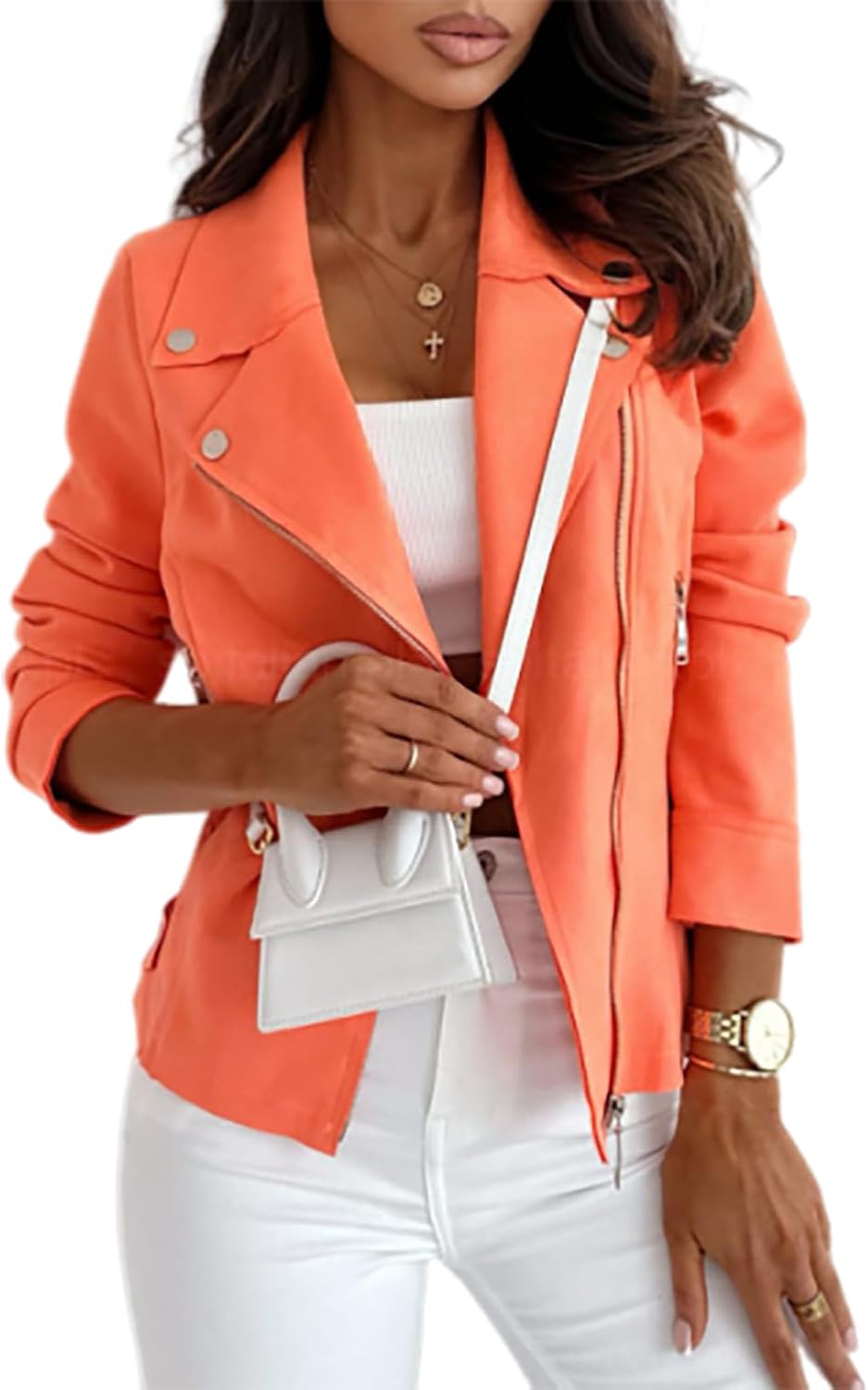 Women's Faux Suede Zipped Jacket Biker Motorcycle Jackets Fall Long Sleeve Slim Fit Short Coat Outwear with Pockets