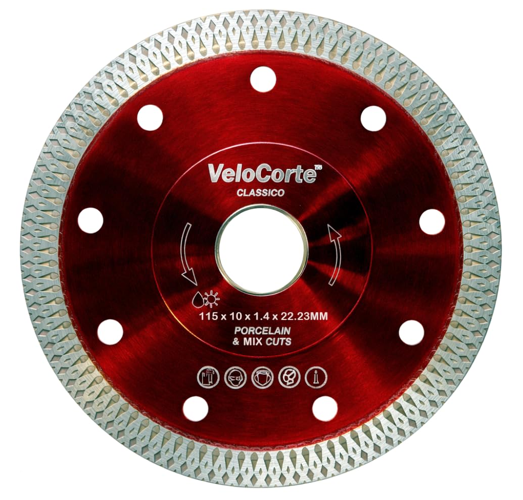 4.5" Classico Red Turbo Mesh Diamond Tile Blade – Porcelain & Mixed Cuts, 7/8" Arbor w/ 5/8" Ring, Wet/Dry, 1.4 mm Kerf (VCP4C)