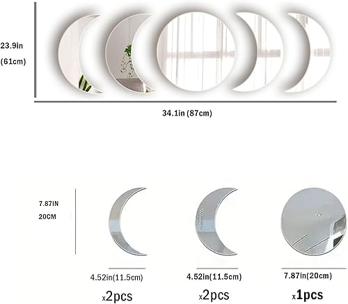 Miniatura 6 de 5 piezas de pegatinas de espejo de acrílico para pared - Espejos autoadhesivos de fase lunar - Decoración de pared bohemia para el hogar, sala de