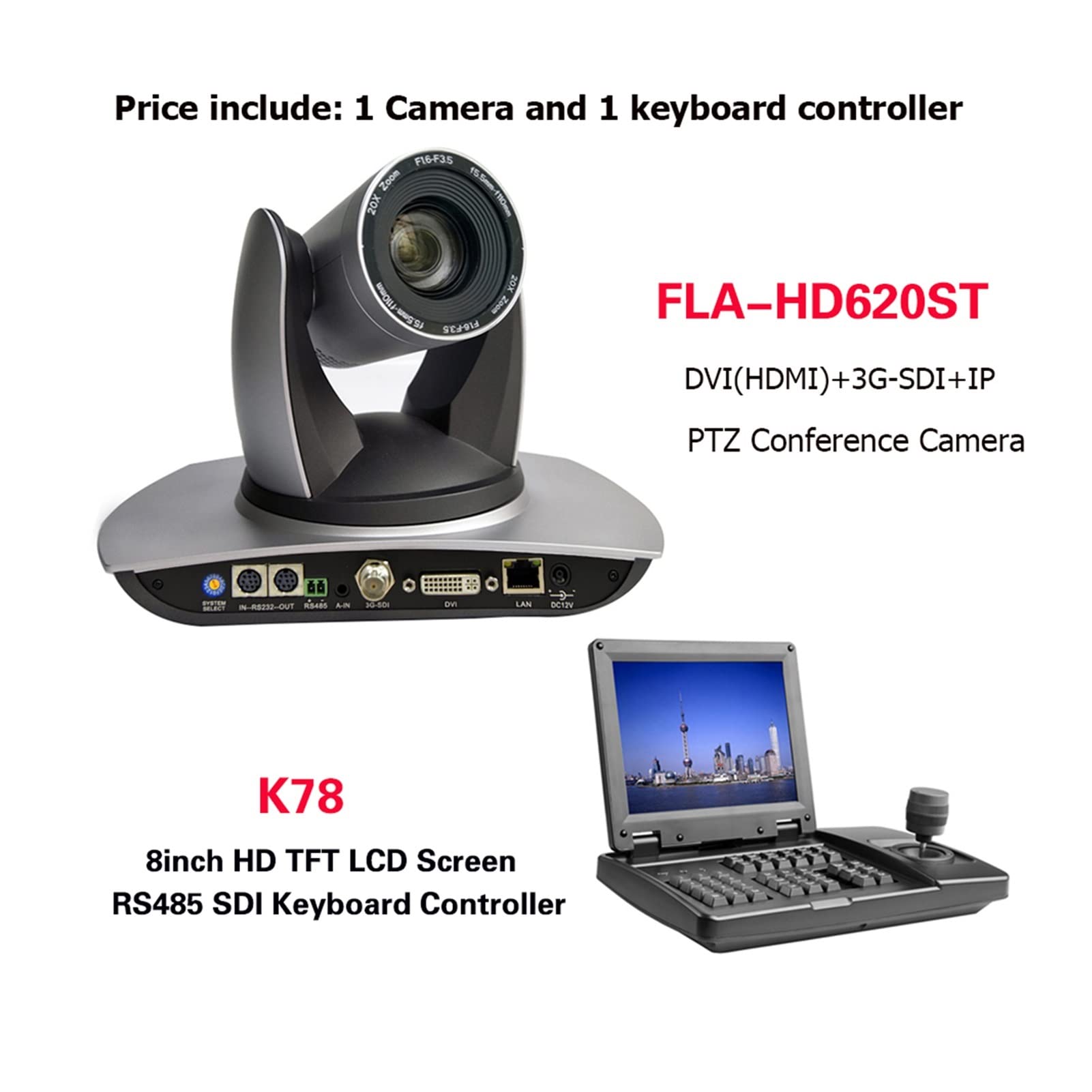 Cámara de videoconferencia Lleno HD Video Live Media Webcam 1080p 20x SDI IP PTZ Cámara con DVI LAN + 8 Pulgadas TFT LCD Controlador de Teclado para Salas de reuniones Grandes