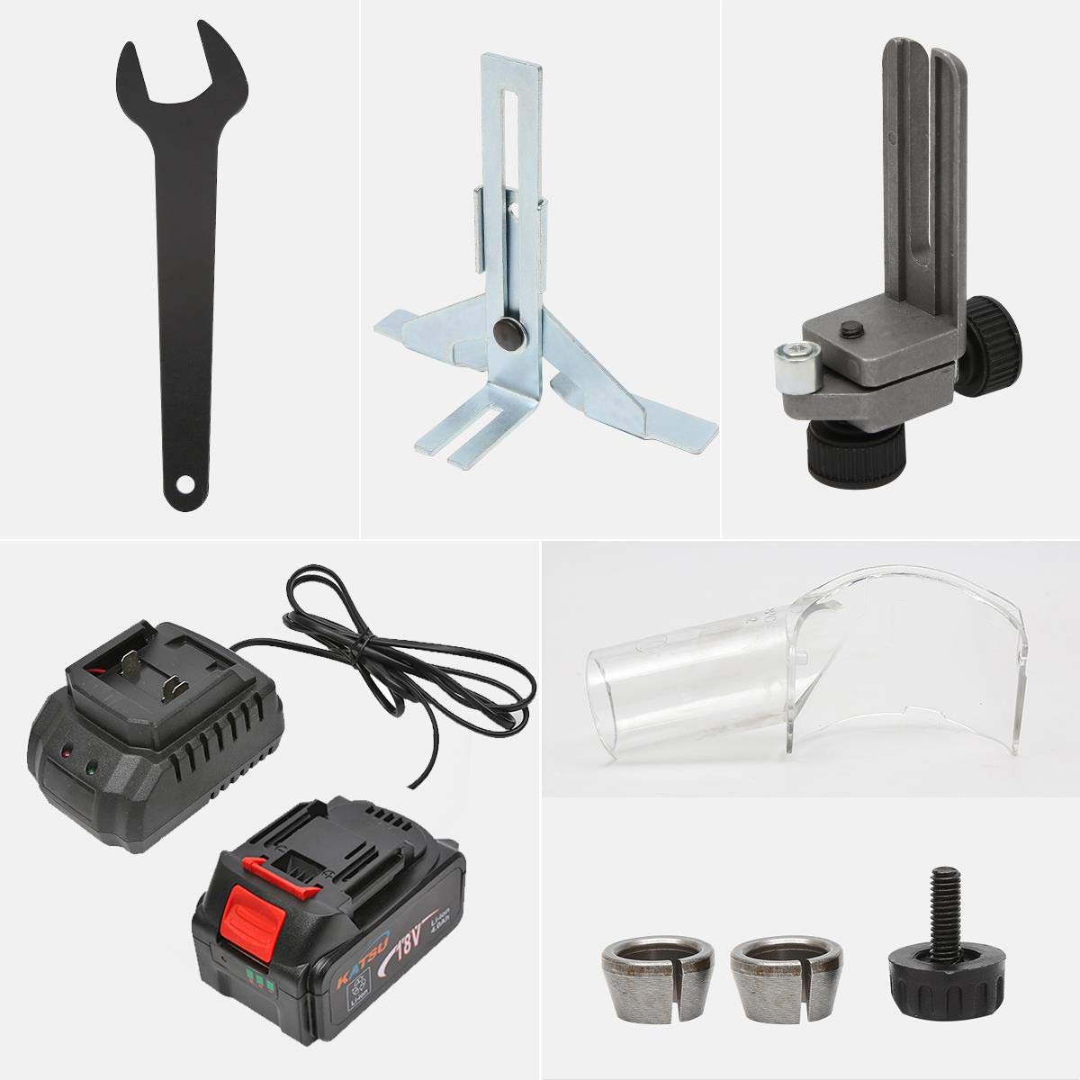 KATSU Set di Rifilatore Fresatrice Verticale per Legno a Batteria 18V con 3 Basi + 3 Pinze da 6mm, 8mm e 10mm + Batteria da 4,0Ah e Caricabatterie