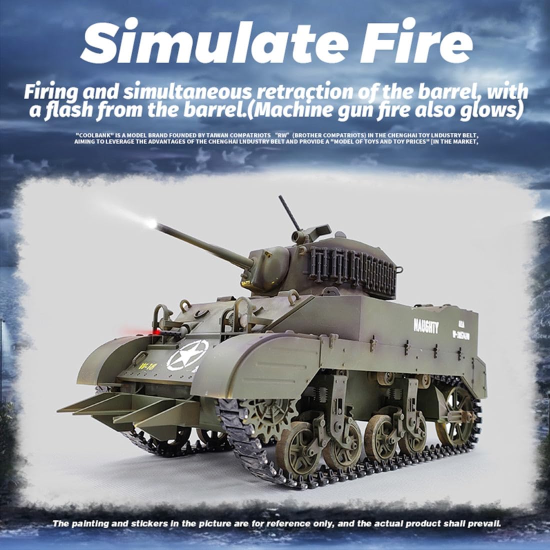 Char RC 1:16 2.4G Télécommandé Simulation de Char M5A1, RC Tank Véhicule Militaire Réservoir Télécommandé avec Lumières et Sons