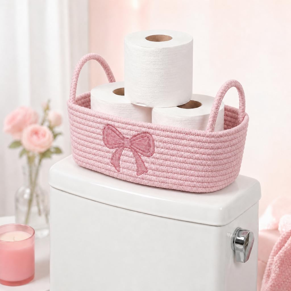 Pink Bathroom Decor, Bow Toilet Paper Storage Basket for Toilet Tank Top