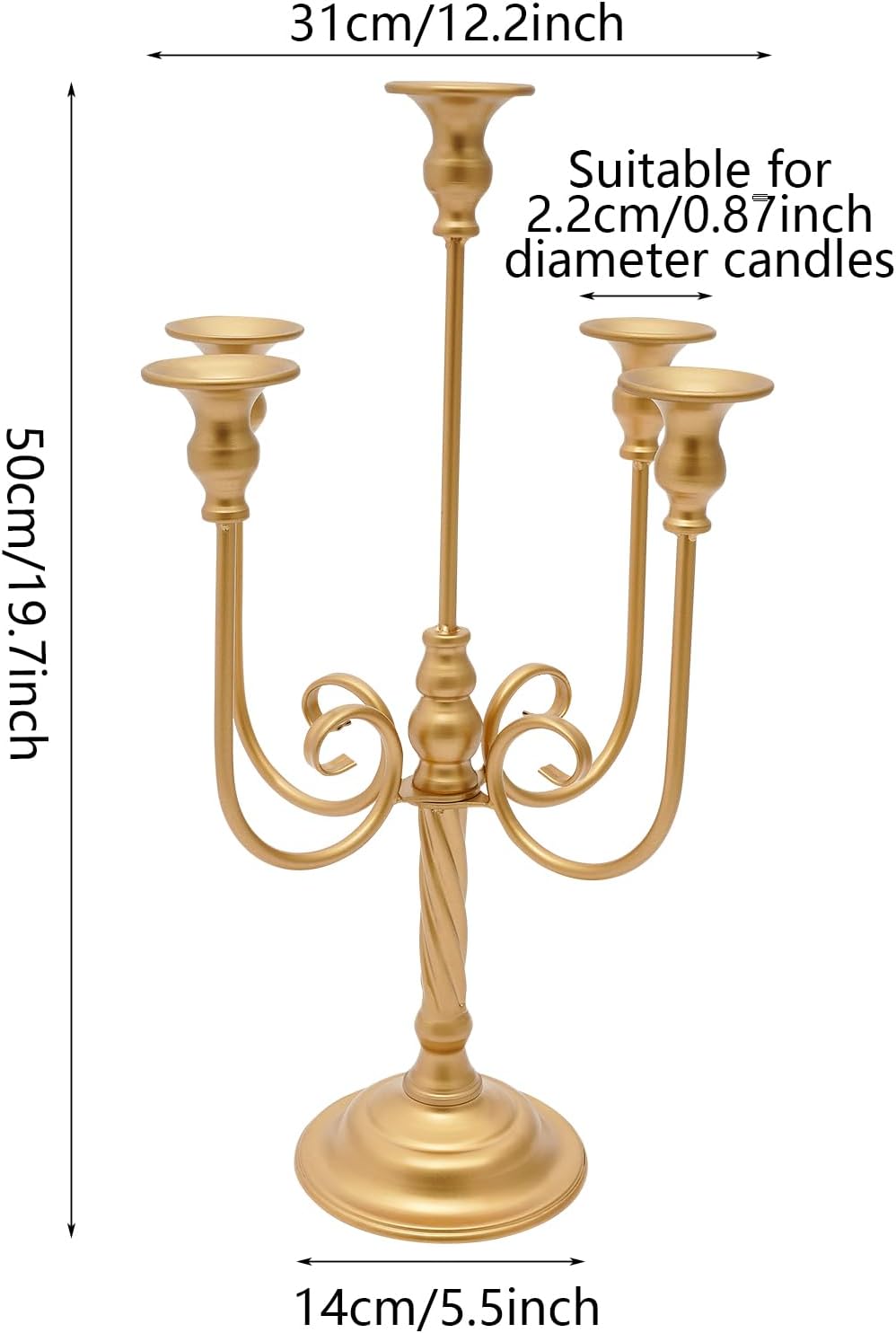 6Pcs 5-Arm Candelabra Centerpieces for Wedding, 20 Inch Tall Metal Candle Holder Candlestick Stand with 5.5in Round Base for Wedding Party Dinner Table Event, Gold