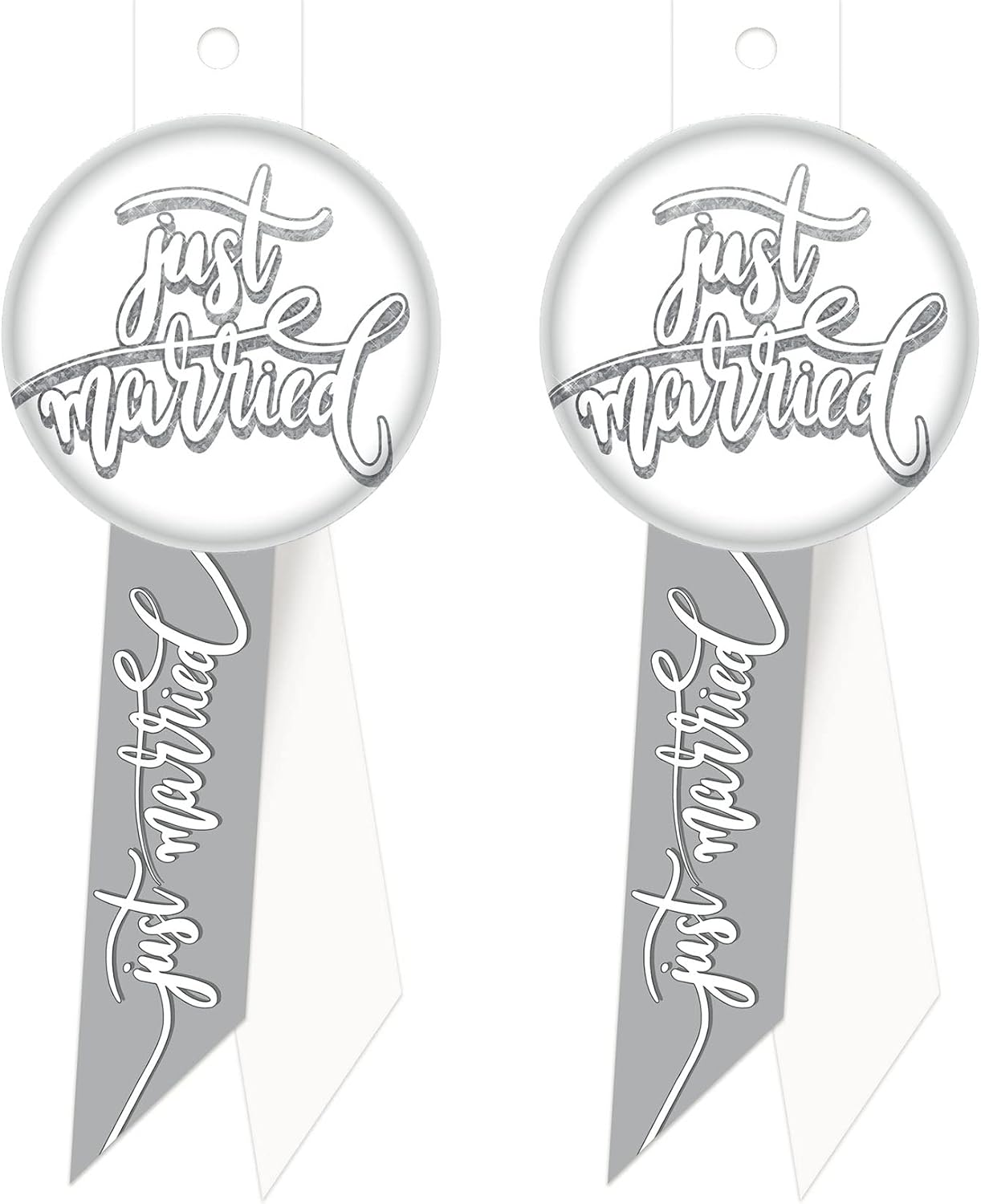 Beistle 2 Piece Wearable Rosettes Just Married Button Pins For Bride and Groom, Wedding Reception, Honeymoon