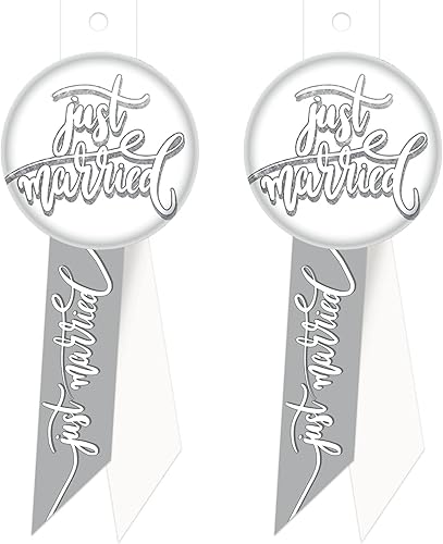 Miniatura 6 de Beistle 2 piezas de rosetas de botón Just Married para novia y novio, recepción de boda, luna de miel, 5.5 x 2 pulgadas, blancoplateado