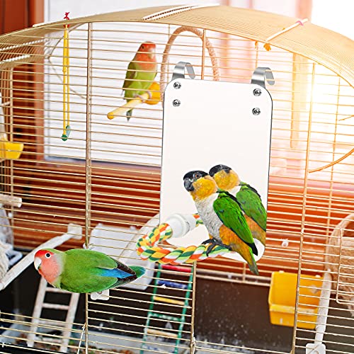 Image of AHIER 7 Inch Bird Mirror with Rope Perch, Bird Toys Swing Parrot Grinding Stone with Bell for Parakeet Cockatoo Cockatiel Lovebirds Canaries (Pack of 2)