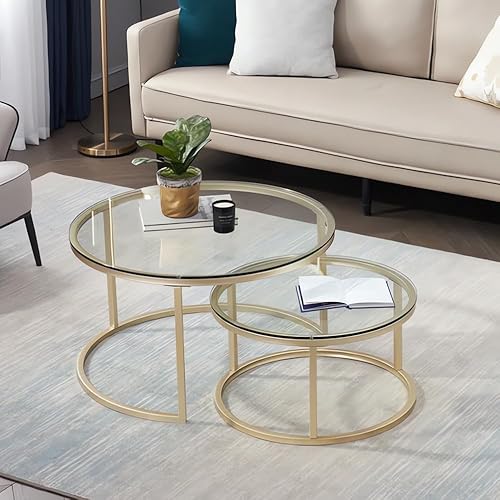 Miniatura 1 de Mesa auxiliar anidable de cristal dorado para sala de estar, mesa de centro redonda pequeña, moderna, juego de 2, mesa de té decorativa para