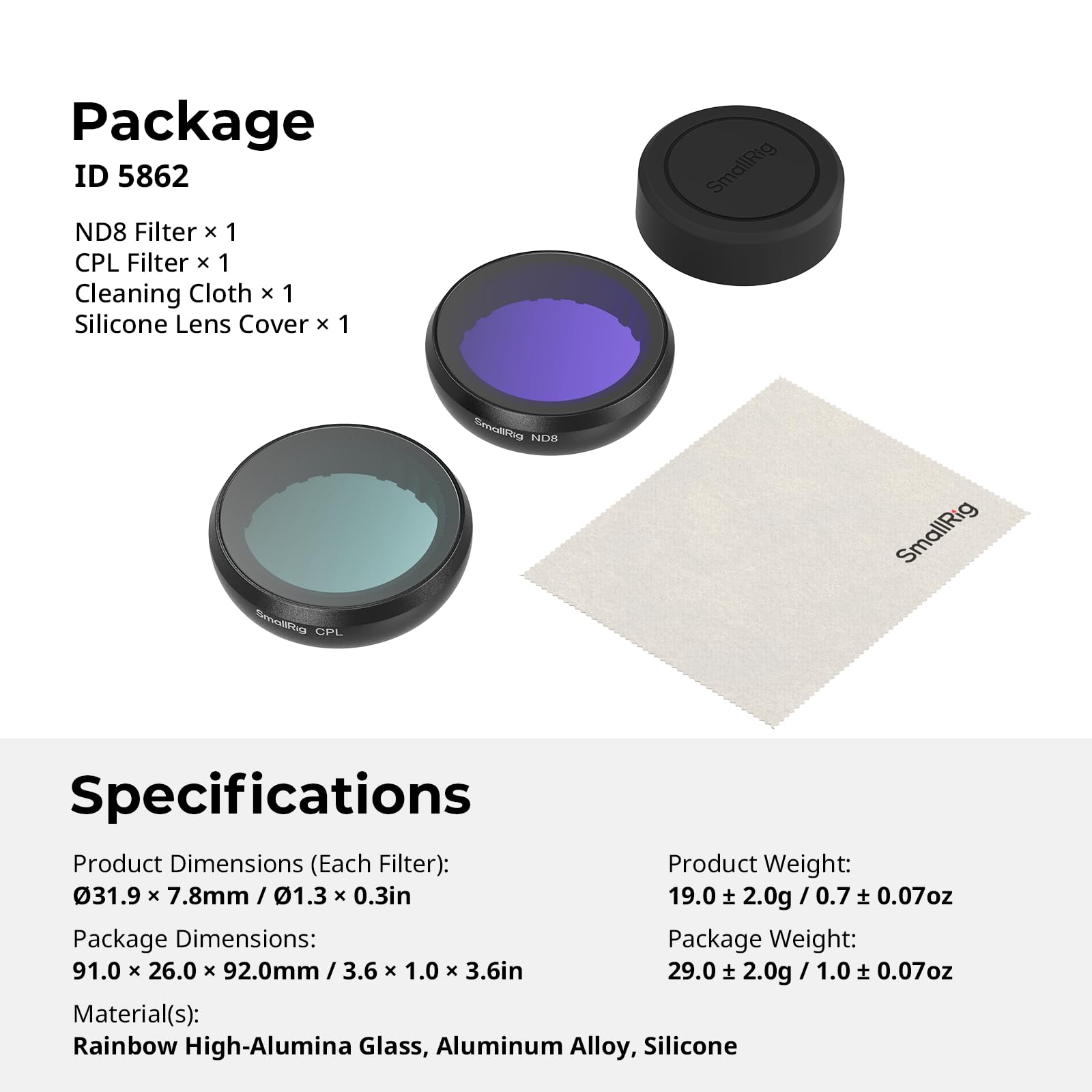 SMALLRIG GO Ultra Filter Kit for Insta360 GO Ultra, Snap-on Design, Includes ND8 Filter, CPL Filter, Silicone Lens Cover, and Cleaning Cloth - 5862