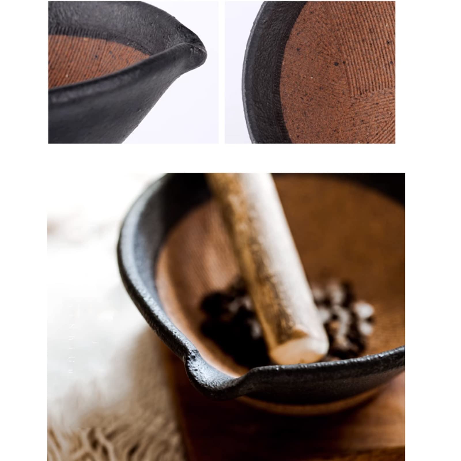 GLigeT Mörser mit Stößel Keramik-Mörser und Stößel-Set Suribachi und Surikogi mit Ausgießer und Griff, 11,9 cm, handgefertigter Mörser und Stößel(Schwarz)