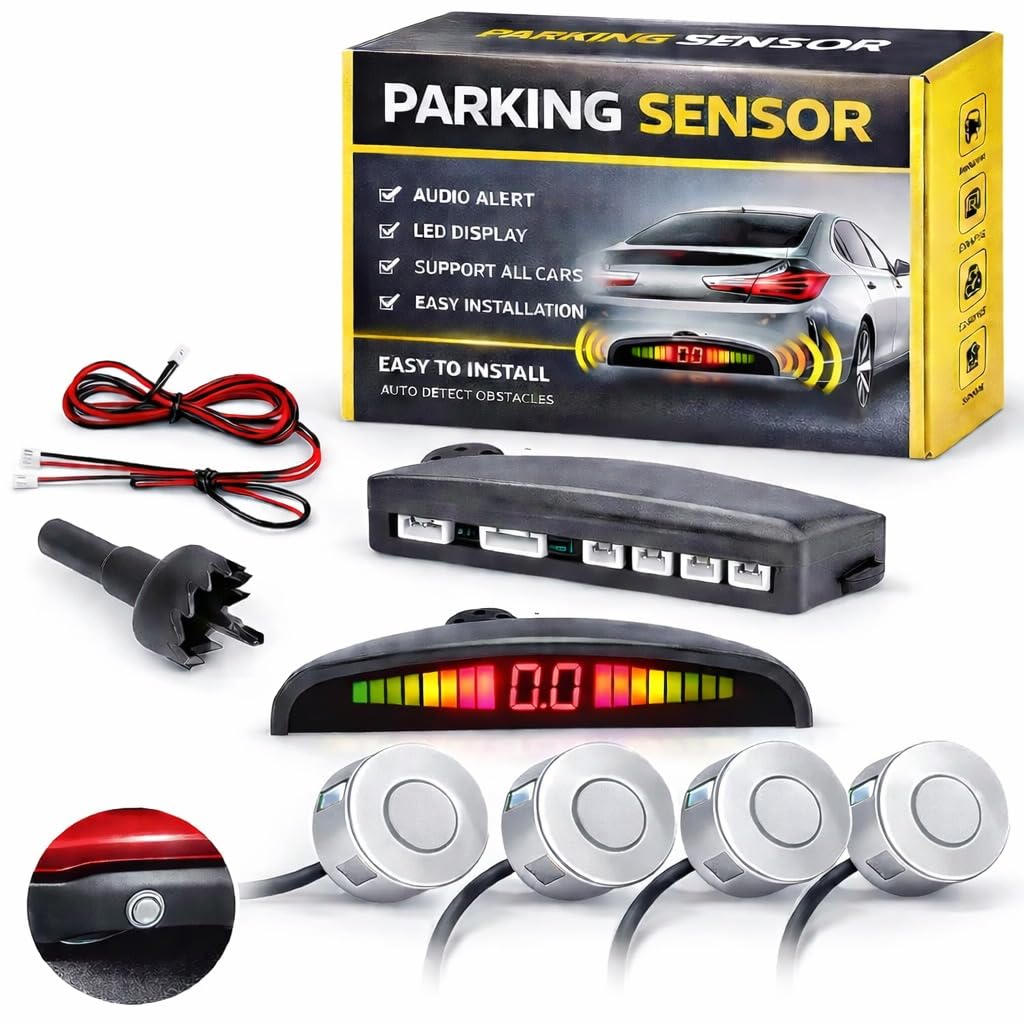 Kit de 4 sensores de aparcamiento para coches, furgonetas, caravanas, plateados, gris/plata, se pueden pintar, manual en italiano con pantalla LED acústica