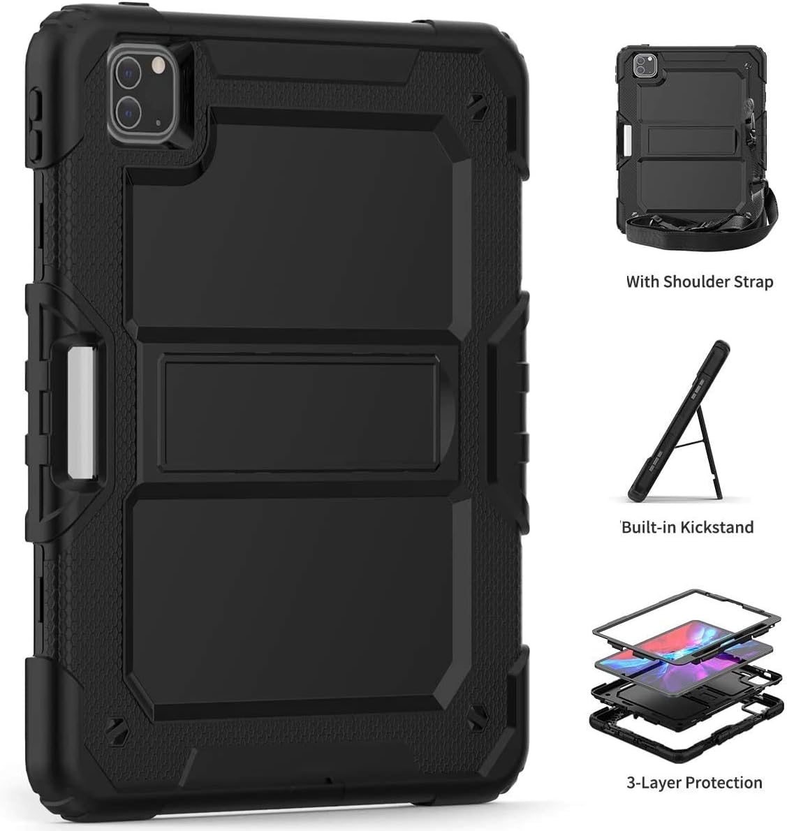 SaharaCase for iPad 12.9 Pro 2020, Heavy Duty Series Case with Built-in Screen Protector [Shockproof Bumper] Rugged Protection Anti-Slip Grip- Black