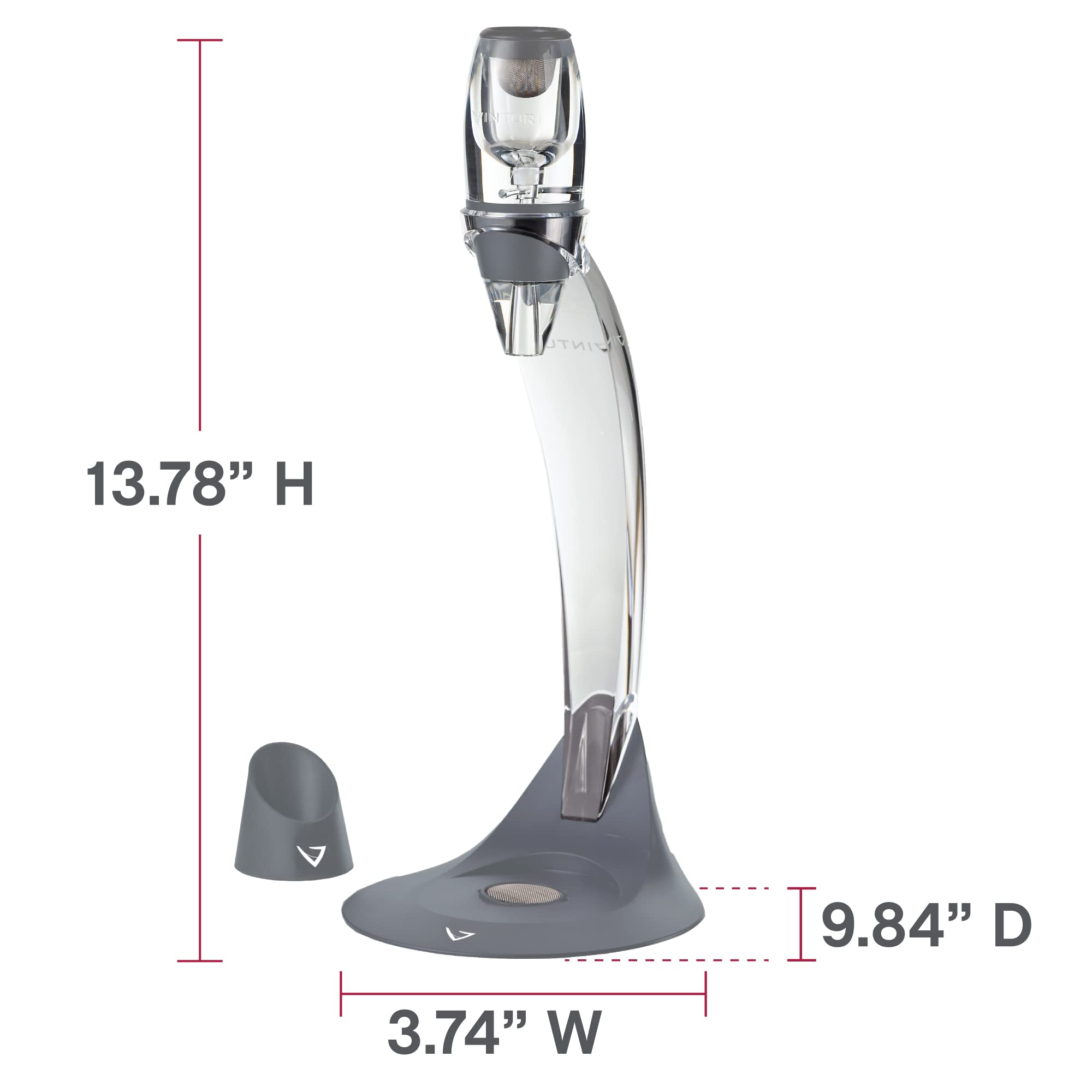Vinturi Ensemble bec verseur rouge et décanteur de luxe pour aérer facilement et facilement le vin par la bouteille ou le verre et améliore les saveurs avec une finition plus lisse, gris