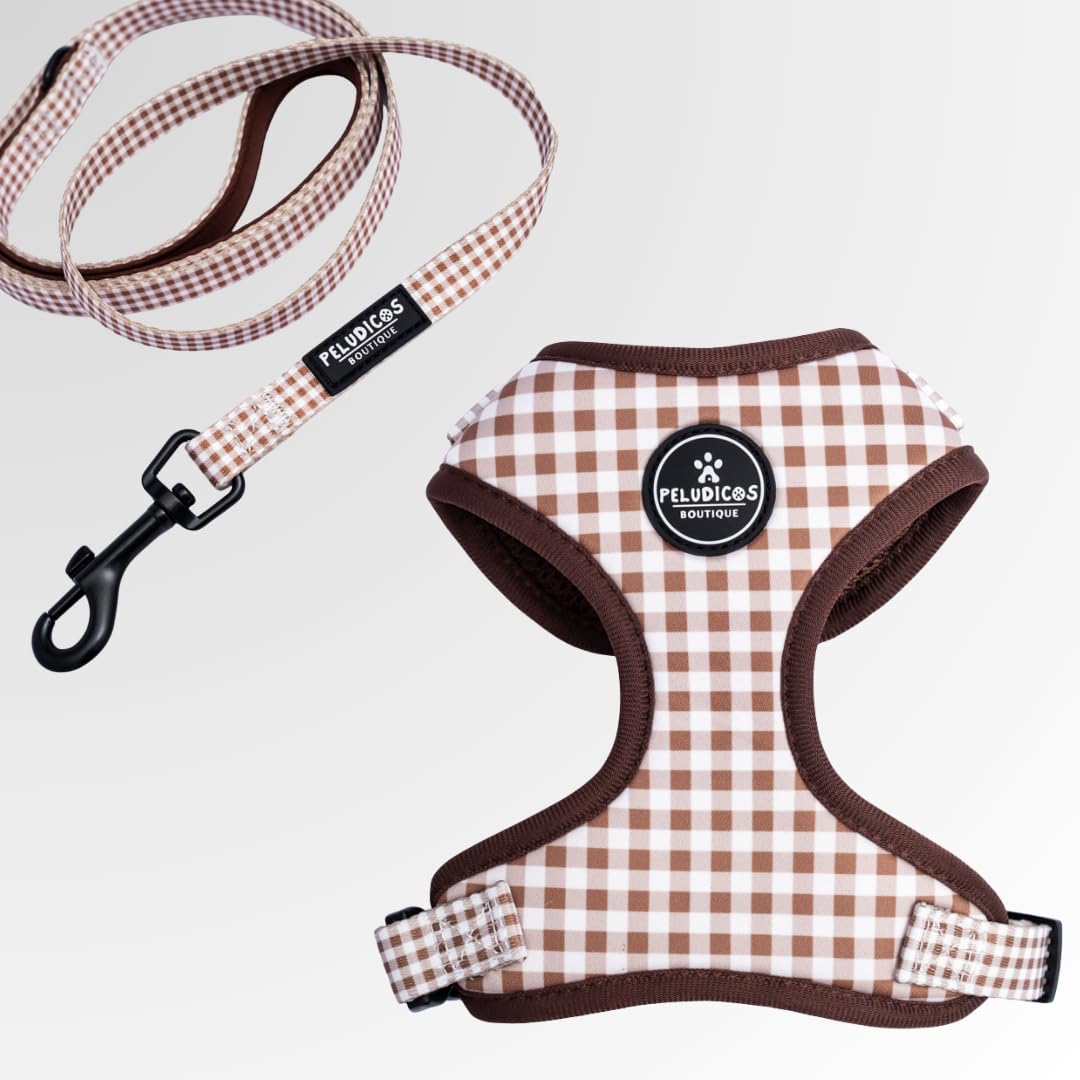 Pack Arnés L y Correa M Mocca para Perro Ajustables de Neopreno – Diseño Vichy, Cómodos y Resistentes – 4 Tallas