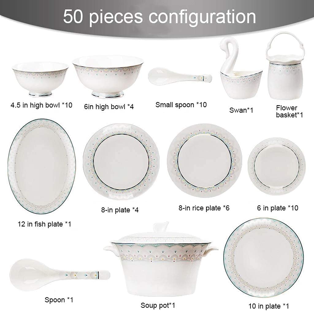 Zestaw naczyń obiadowych Zastawa stołowa na przyjęcie Zestaw serwisowy Ceramiczny zestaw obiadowy z 50 elementami, miska/naczynie/garnek/łyżka|Zestawy obiadowe z porcelany kostnej, zestaw porcelany z