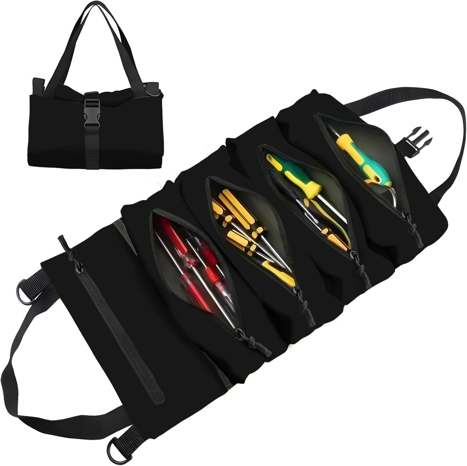 Roll-Up Tool Storage Bag, Nylon Gardening Organizer with 5 Pockets, 11x18 Inch, Portable Hanging Design for Outdoor Maintenance, School, Work (54hei)