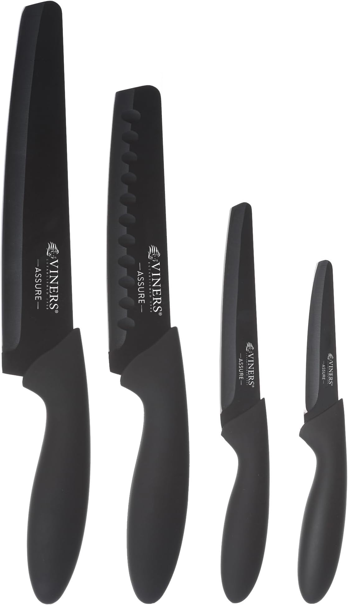 Viners Assure 4 Piece Knife Set Stainless Steel Blades with Squared Tips for Safety, Soft Grip Handles, Non-Stick Coating, Rust-Resistant, Includes Chef’s, Santoku, Utility & Paring Knives