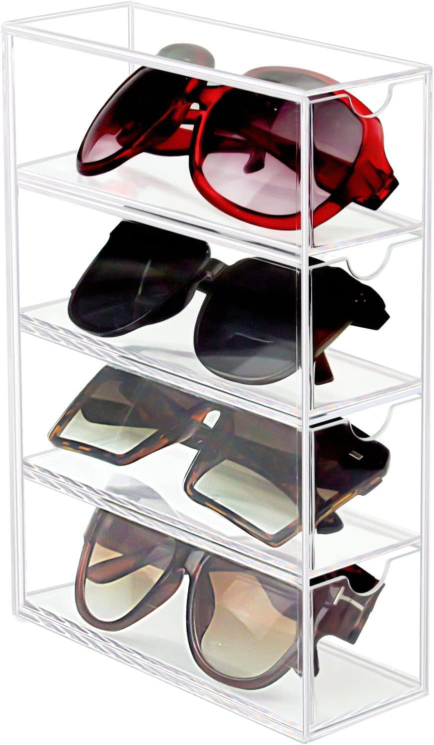 U-HOOME 4 Layer Clear Acrylic Display Stand Sunglasses Display Riser Stand,Acrylic Eyeglass Case Sunglasses Organizer for Women and Men,Stackable Eyeglass Display Case Storage Organizer