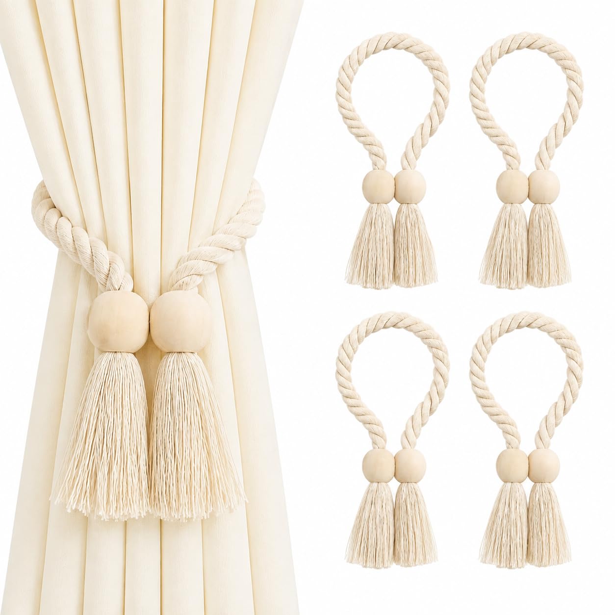 4-Pack Magnetic Curtain Tie Backs, Beige Boho Braided Rope Holdbacks