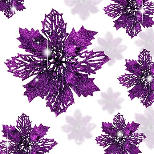 Wironlst 16 Pcs Glitter Poinsettia Flowers Artificial - Christmas Purple Poinsettia Decorations Tree Flowers Ornaments for Xmas/Holiday/Seasonal/Wedding Decor