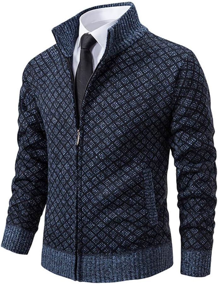 Mens Stand Collar Full Zip Cardigan Sweater Vintage Slim Fit Sweaters with Pockets