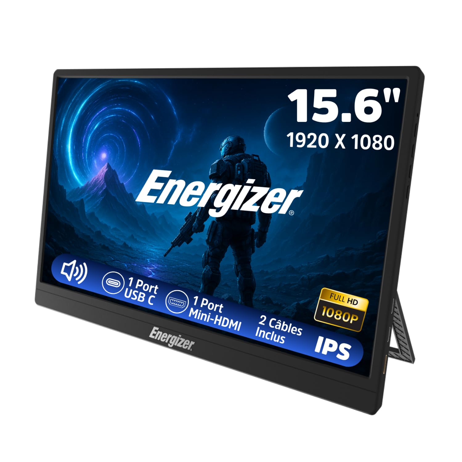 Energizer - 15.6" Full HD (1920x1080) 60Hz IPS LCD Display USB-C Ports + Mini HDMI with Stand - Built-in Speakers - for PC/MacBook/Xbox/PS4 5/TV