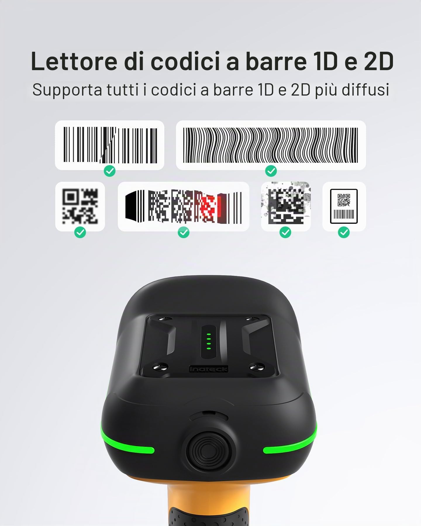 Inateck BCST-75S - Scanner di codici a barre industriale senza fili, 2D QR con stazione di ricarica intelligente, IP67 impermeabile e antipolvere, lettore di codici a barre con batteria da 2600 mAh,