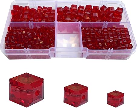 Red Cube Glass Beads for Jewelry Making, Faceted Square Crytal Spacer Beads for Bracelet Necklace Earring 4mm 6mm 8mm Mixed Sizes, 530pcs