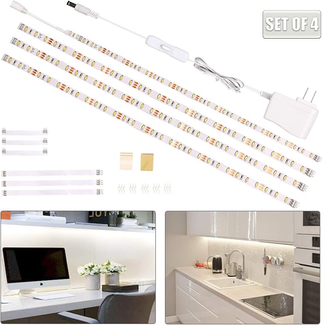 wobsion Under Counter Lights, Led Under Cabinet Lighting, White Under Kitchen Cupboard Lights,4 Pcs Plug in Led Strip Lights for Kitchen,Pantry,Desk,Shelf,6000K,6.6 ft/2m